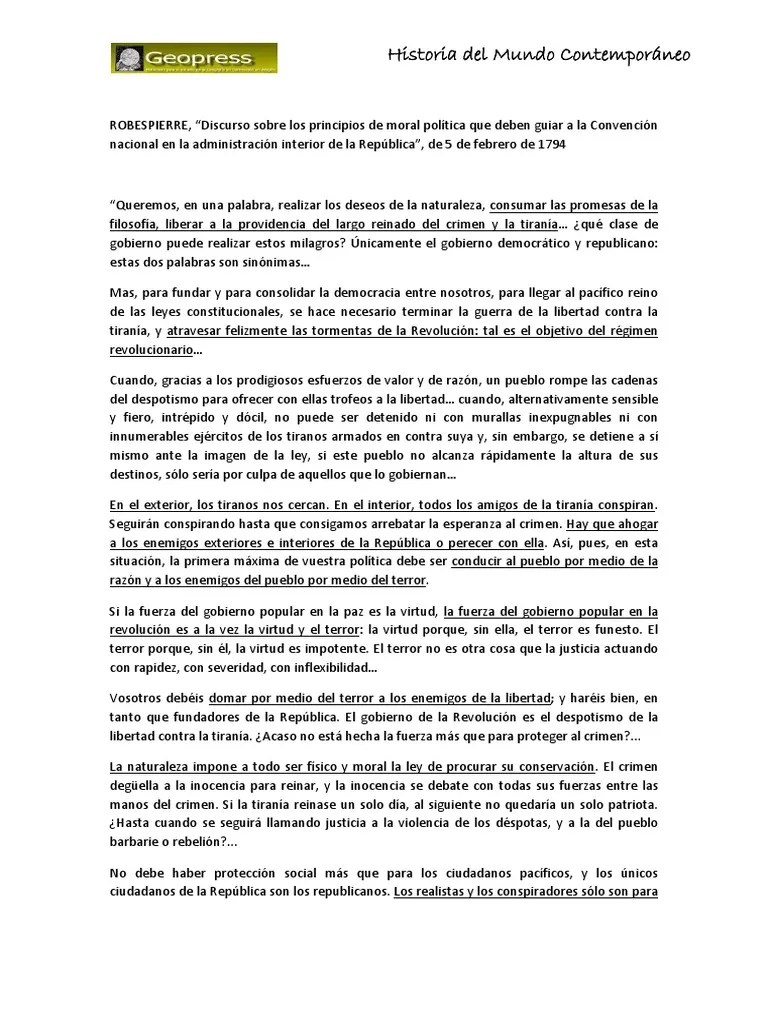 Robespierre Discurso Sobre Los Principios de Moral Política Que Deben