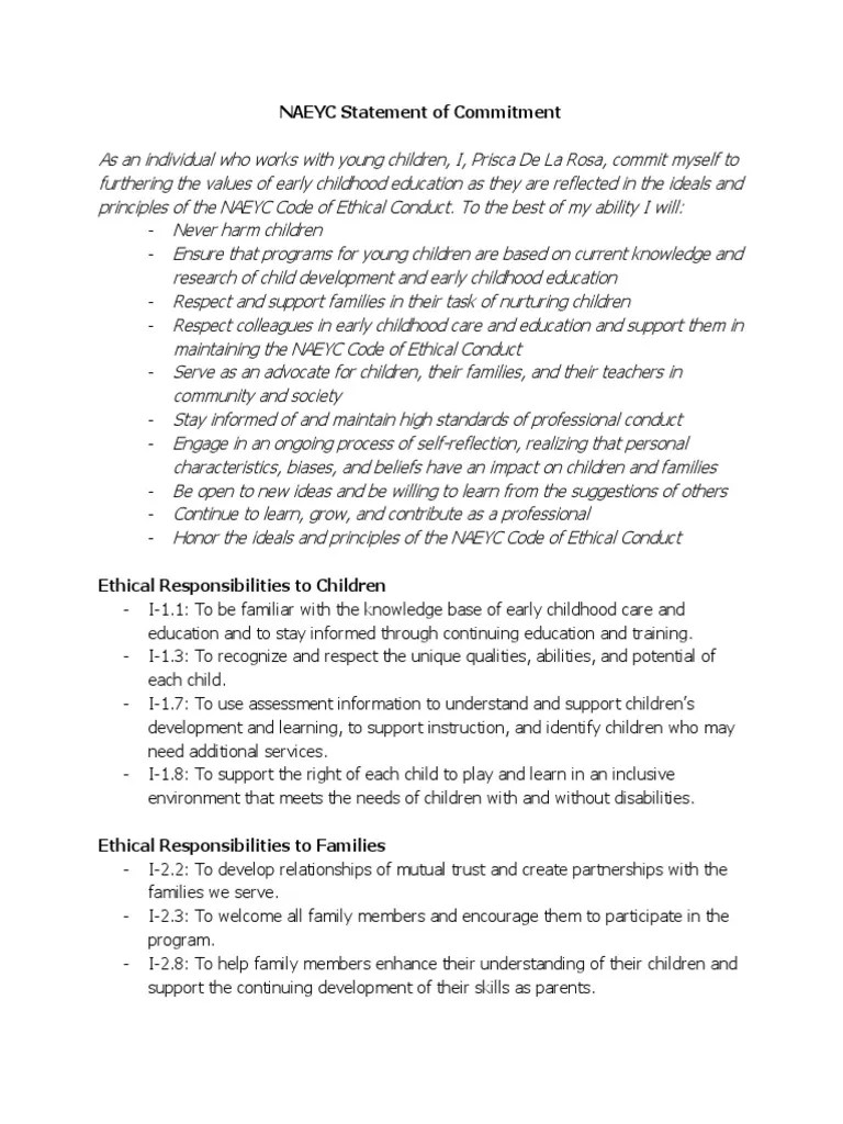 naeyc statement of commitment Employment Early Childhood Education