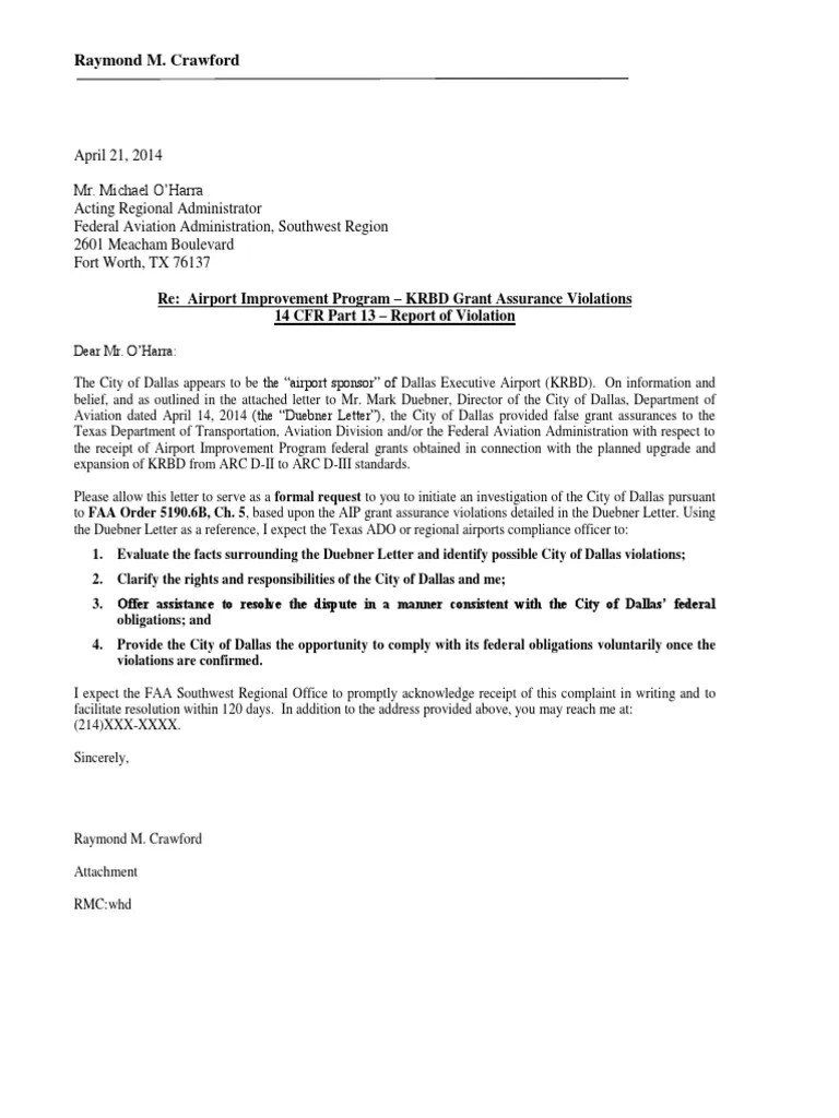 FAA Formal Complaint Letter