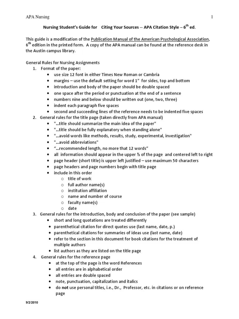 Apa Format For Nursing 6 PDF Citation Apa Style