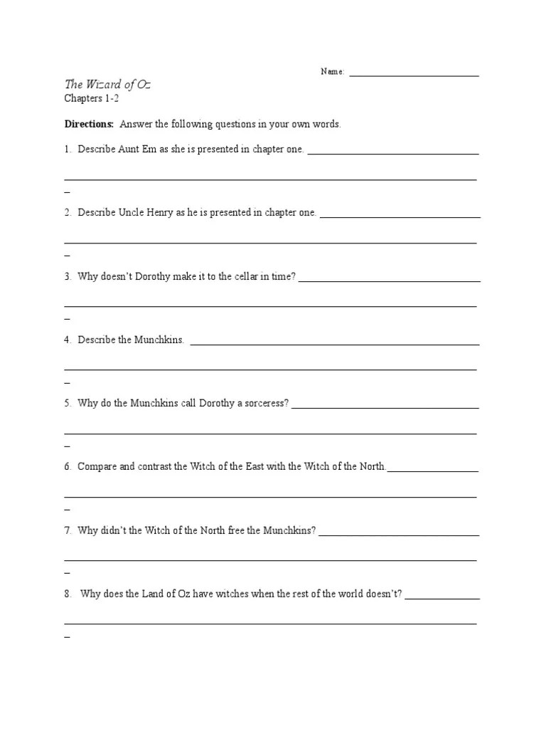 Wizard of Oz Worksheet PDF