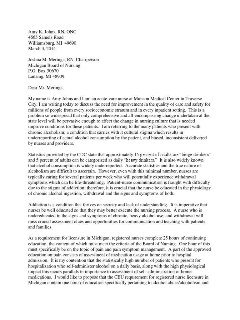 advocacy letteramy johns Alcoholism Nursing
