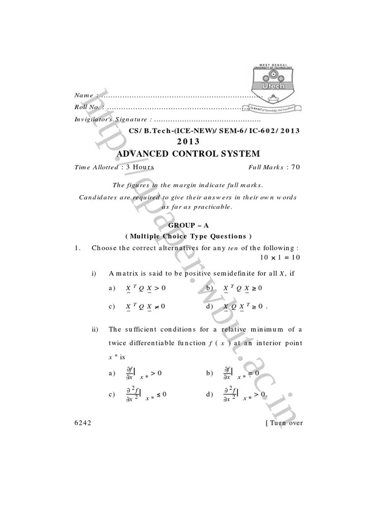 Advanced Control 2013 Mathematical Optimization Applied Mathematics