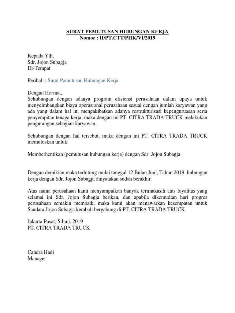 Surat Pemutusan Hubungan Kerja | Pdf