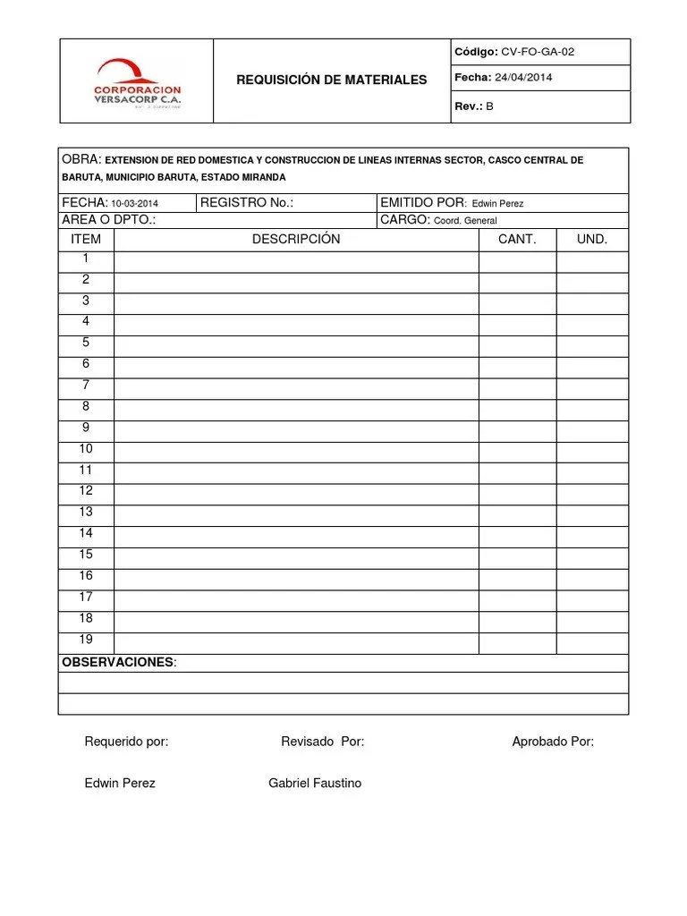 Requisición De Materiales: 10-03-2014: Edwin Perez Coord. General