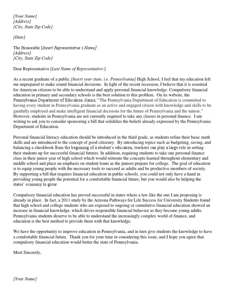 sample letter to a representative Secondary School Financial