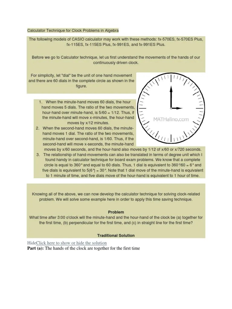 Calculator Technique For Clock Problems in Algebra PDF Clock Time