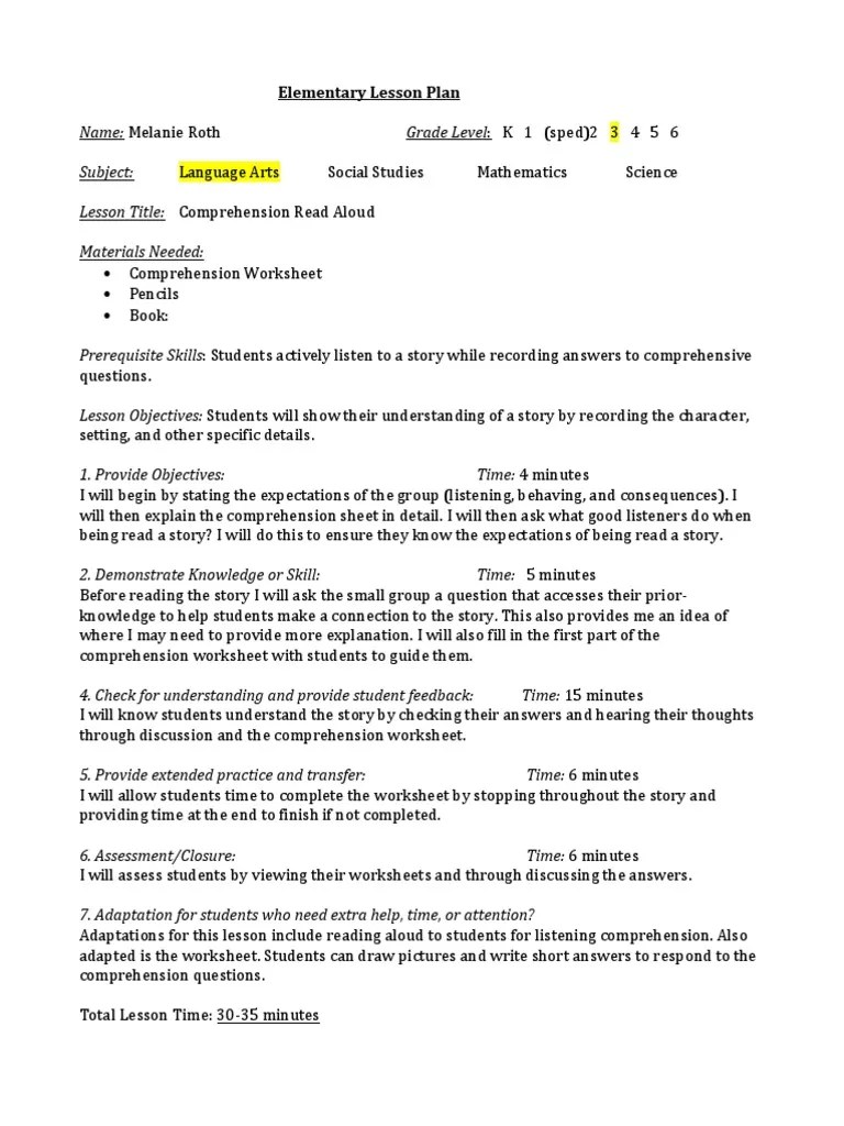 Elementary Lesson Plan Reading Comprehension Lesson Plan