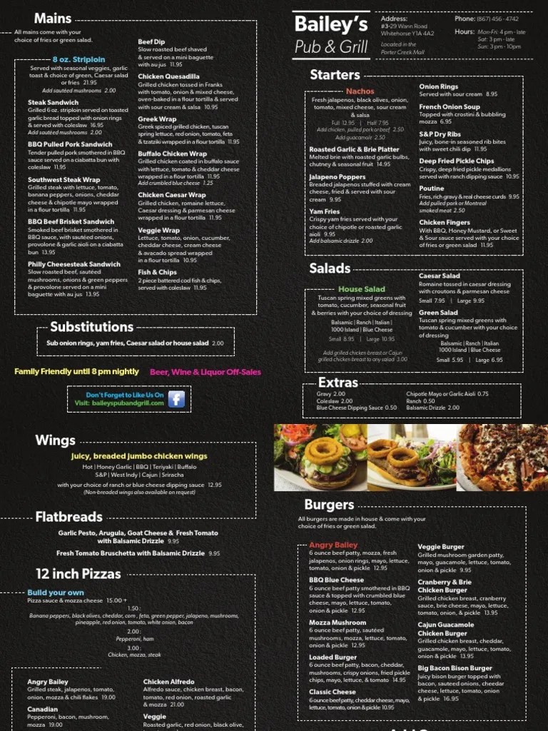 Bailey�s Pub &amp; Grill Menu Hamburgers French Fries