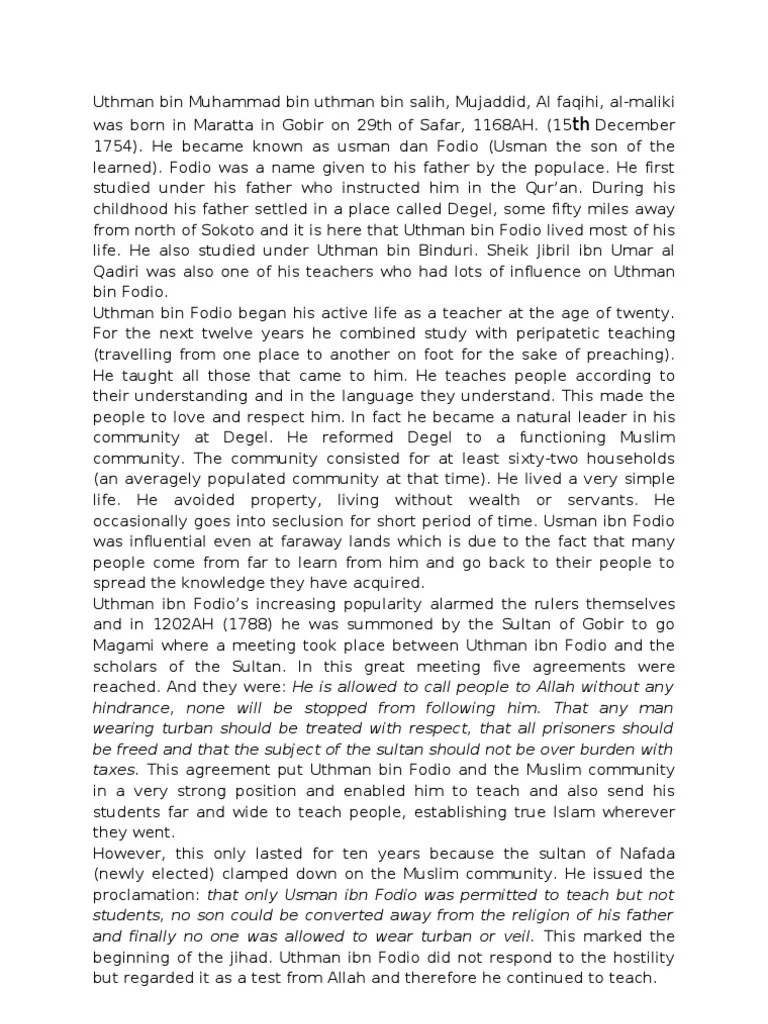 Uthman Bin Muhammad Bin Uthman Bin Salih Ibn Fodio PDF Middle East