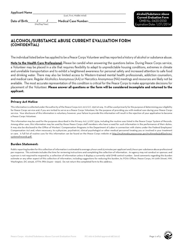 Peace Corps Alcohol/Substance Abuse Current Evaluation Form PC2626