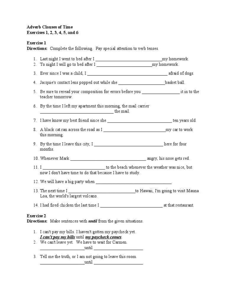 Adverb Time Clauses Exercises PDF Dinner Sentence (Linguistics)