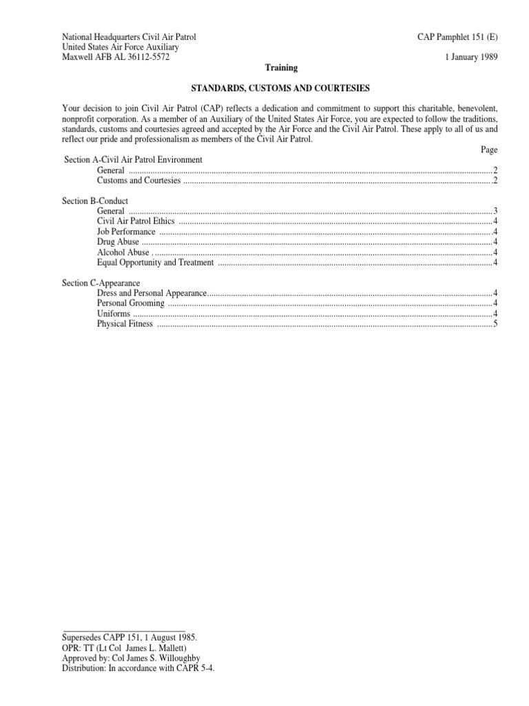 CAPP 151 Customs & Courtesies - 01/01/1989 | PDF | Sergeant | Civil Air