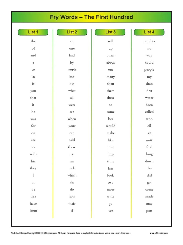 Fry Complete 1000 words for children Copyright Classroom