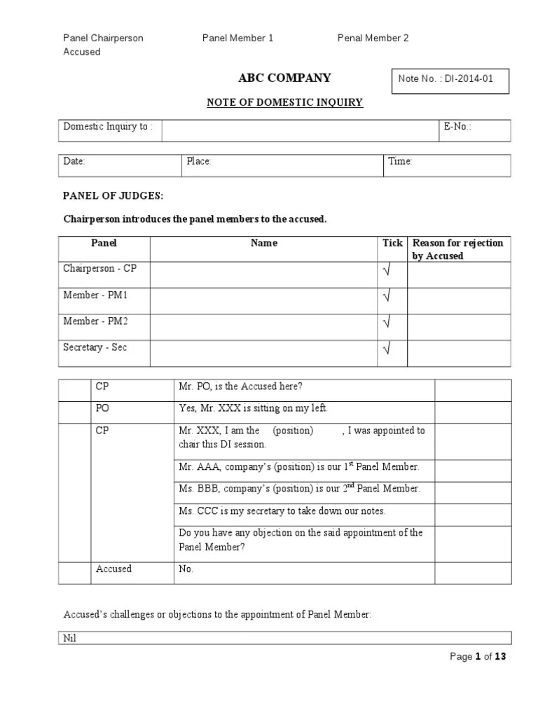 01 Domestic Inquiry Note Master ABC Company PDF Business