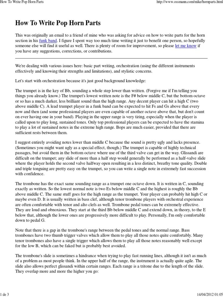 How To Write Pop Horn Parts PDF Trombone Trumpet