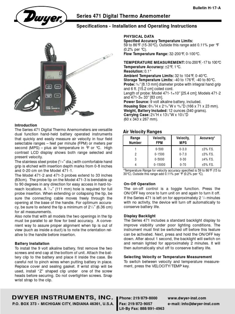 Series 471 Digital Thermo Anemometer Specifications Installation and