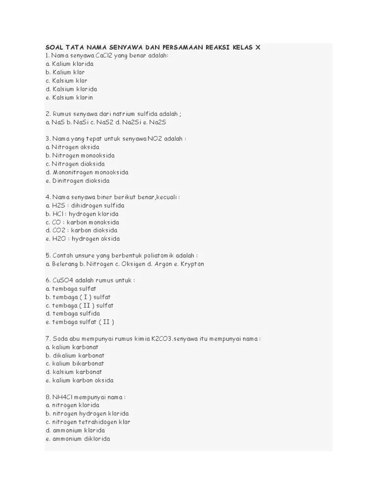 Soal Tata Nama Senyawa Dan Persamaan Reaksi Kelas X | PDF