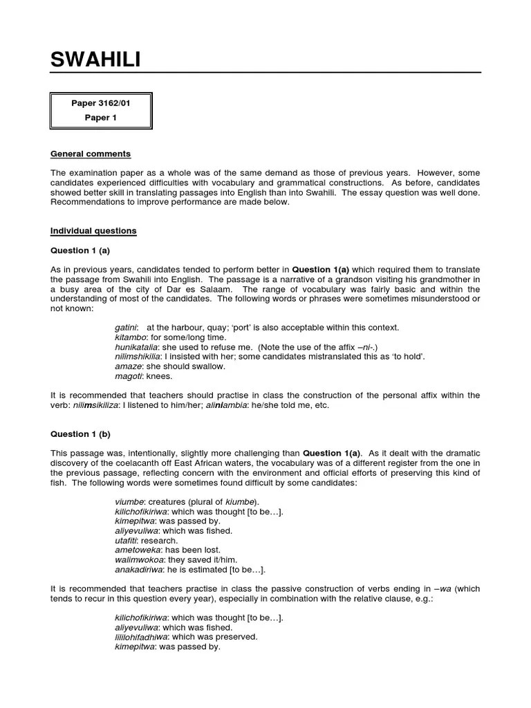Swahili Paper 3162/01 Paper 1 PDF Swahili Language Noun