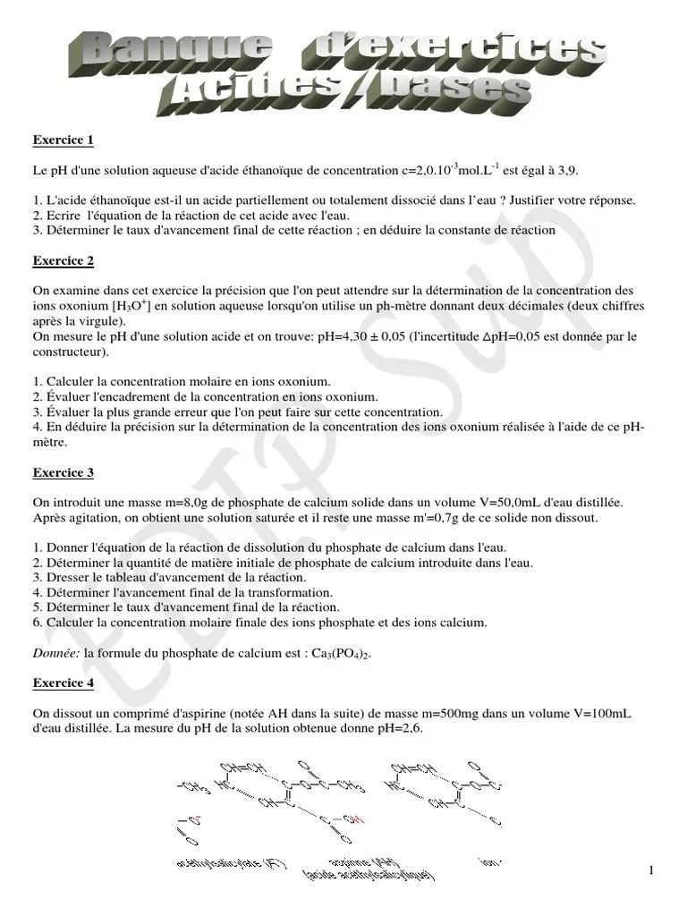 Acide Base Exercices Concentration molaire Ph