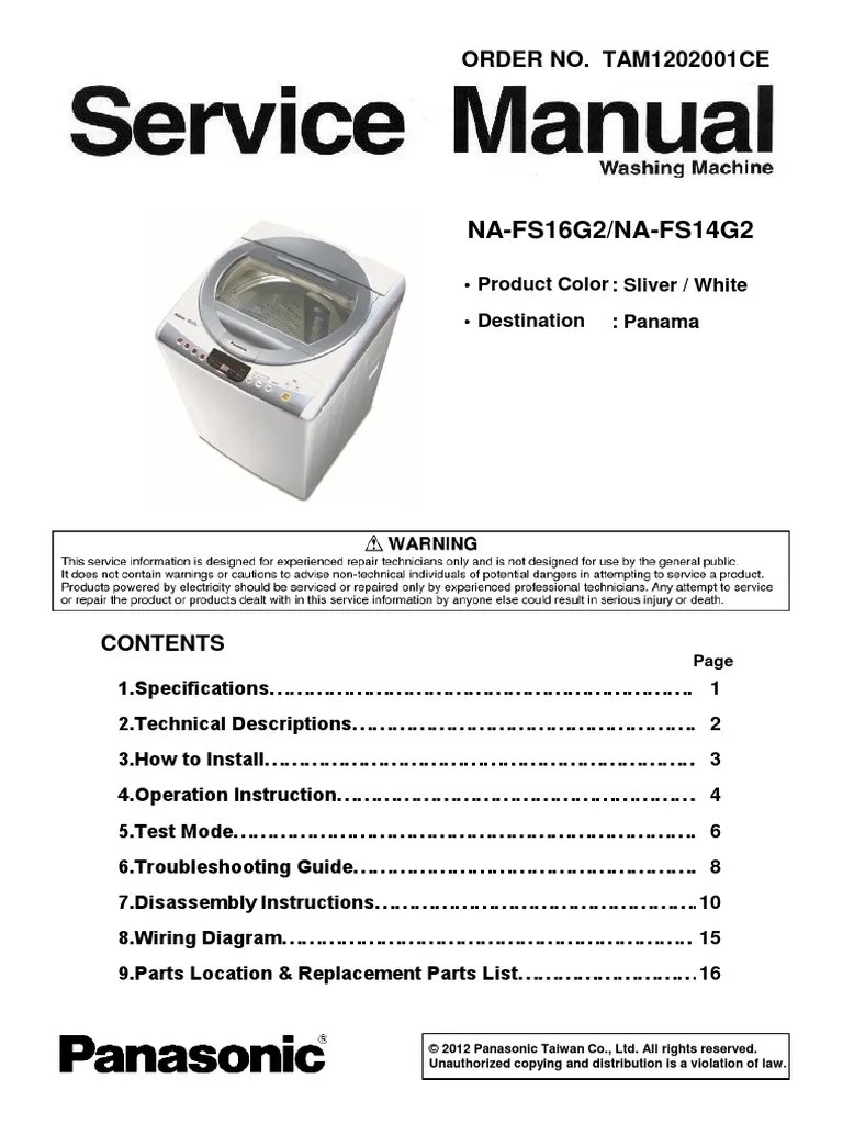 NAFS16G214G2 Panasonic Washing Machine Service Manual Screw