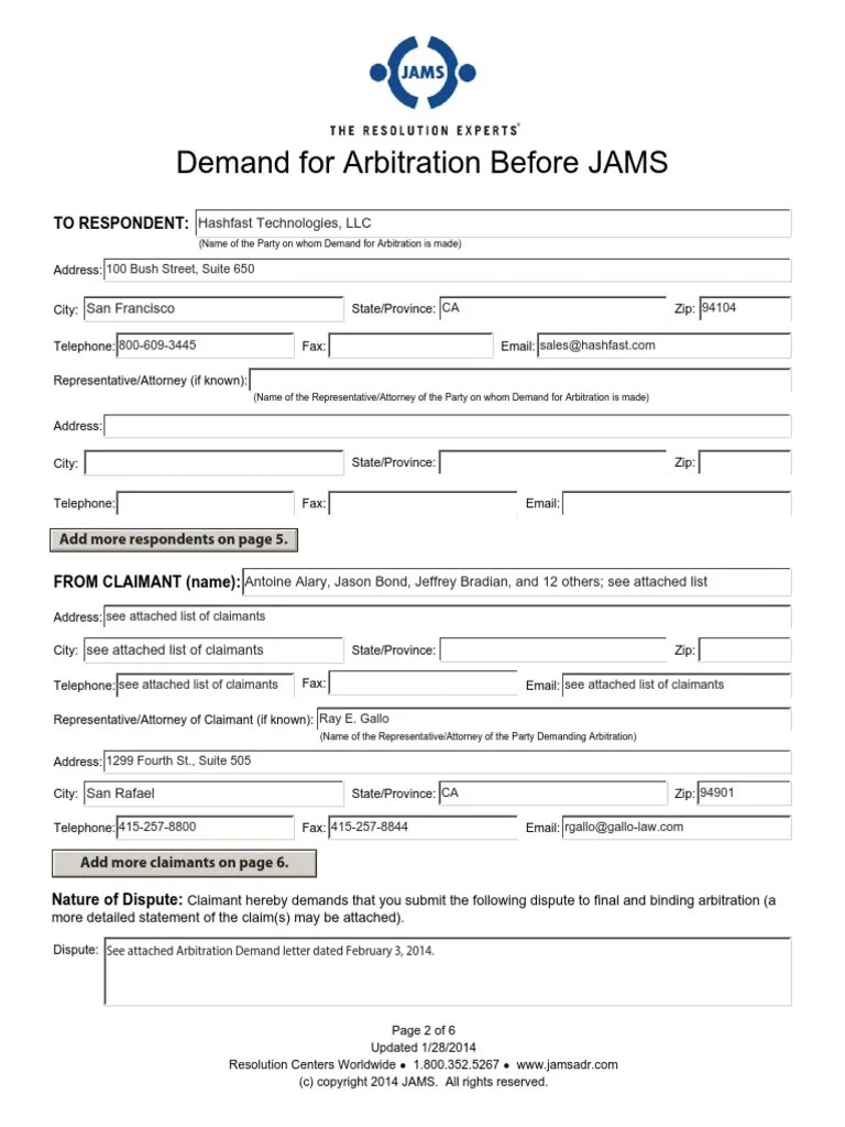 JAMS HF Mass Arb Demand1 PDF Bitcoin Arbitration