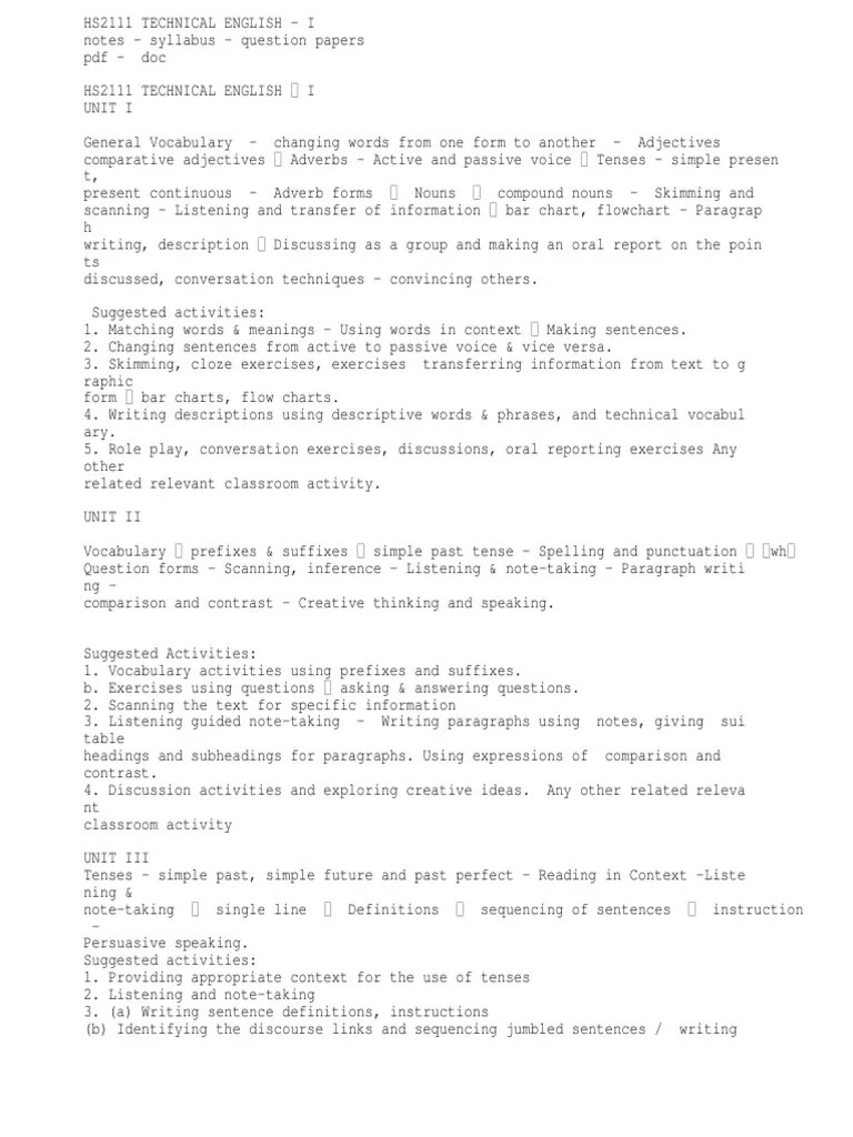 Technical English 1 Syllabus PDF English Language Verb