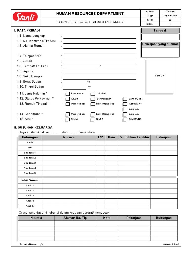 Form Data Pribadi Calon Pelamar | PDF