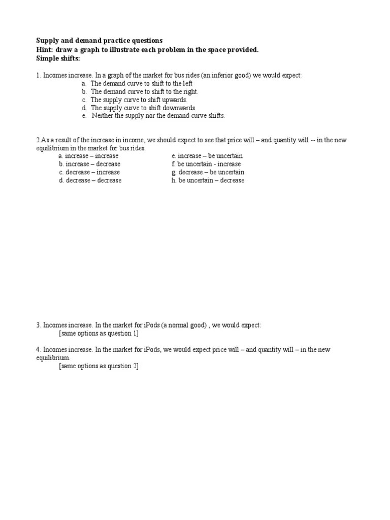 Supply and Demand Practice Questions Hint Draw A Graph To PDF