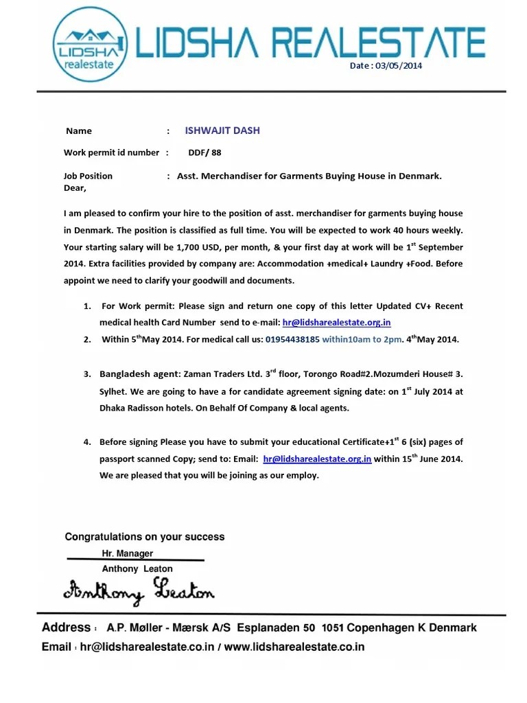 Work Permit Letter for Denmark. Business Medicine