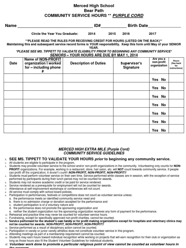 community service hours form pdf Volunteering Nonprofit Organization