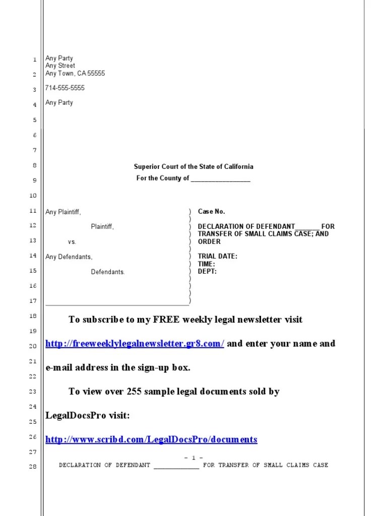 Sample Small Claims Transfer Declaration For California PDF Complaint Separation Of Powers