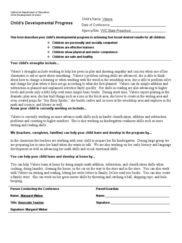 Child Progress Report PDF Child Development Relationships