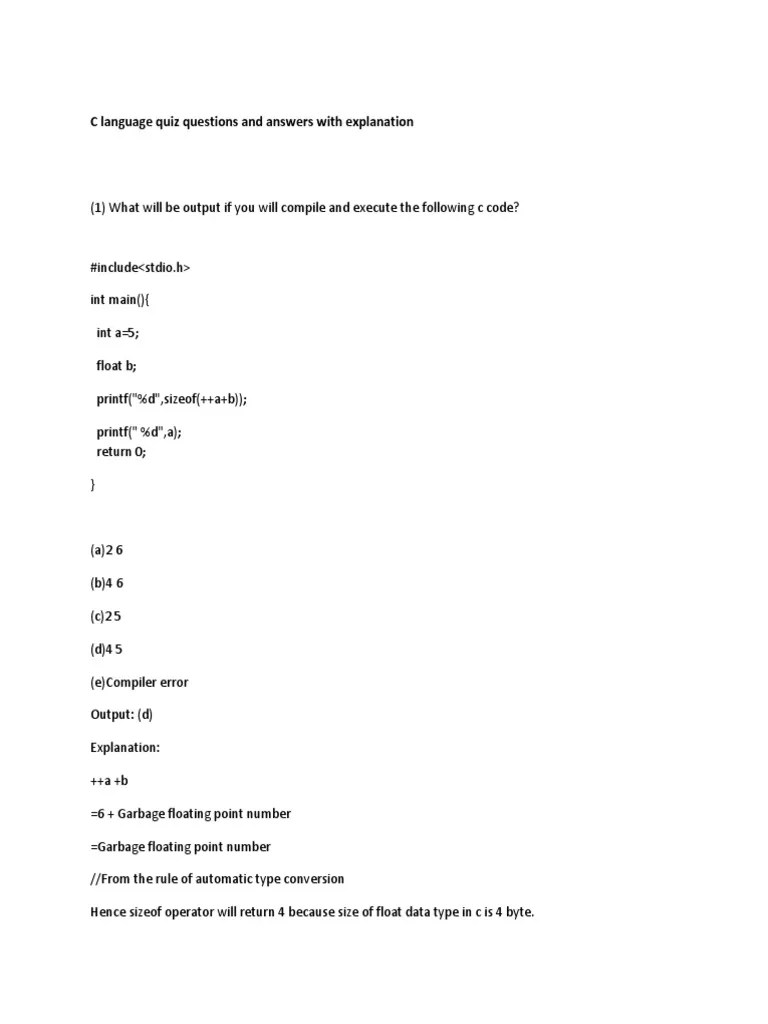 C Language Quiz Questions and Answers With Explanation C (Programming