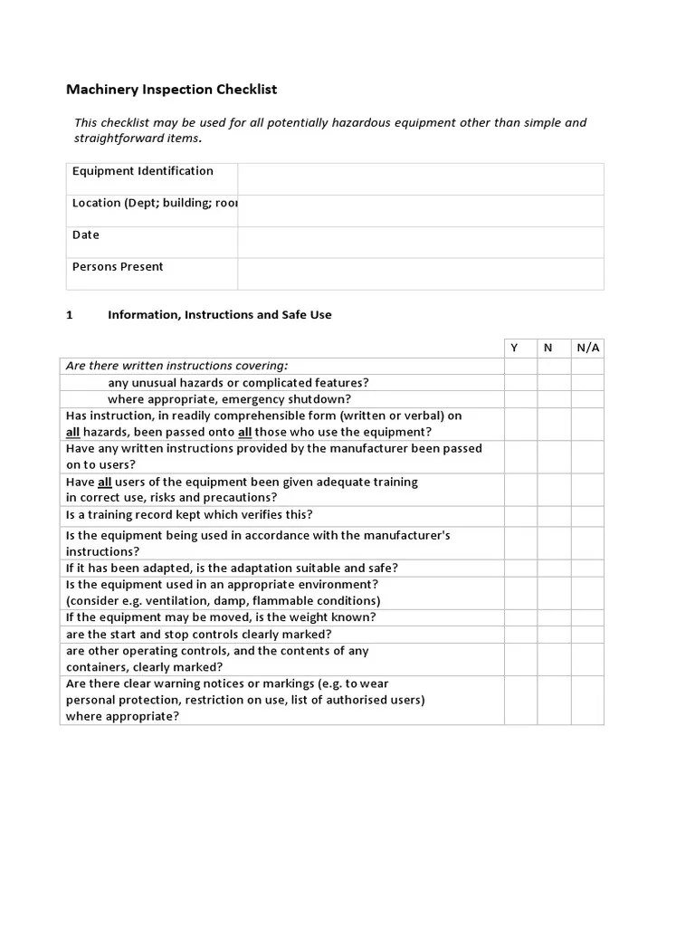 Machinery Inspection Checklist Safety Technology