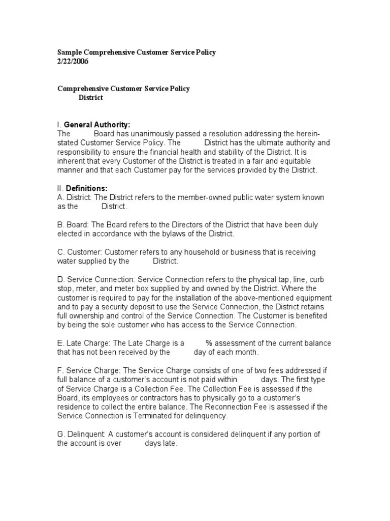 Sample Comprehensive Customer Service Policy Fee Debt Free 30day