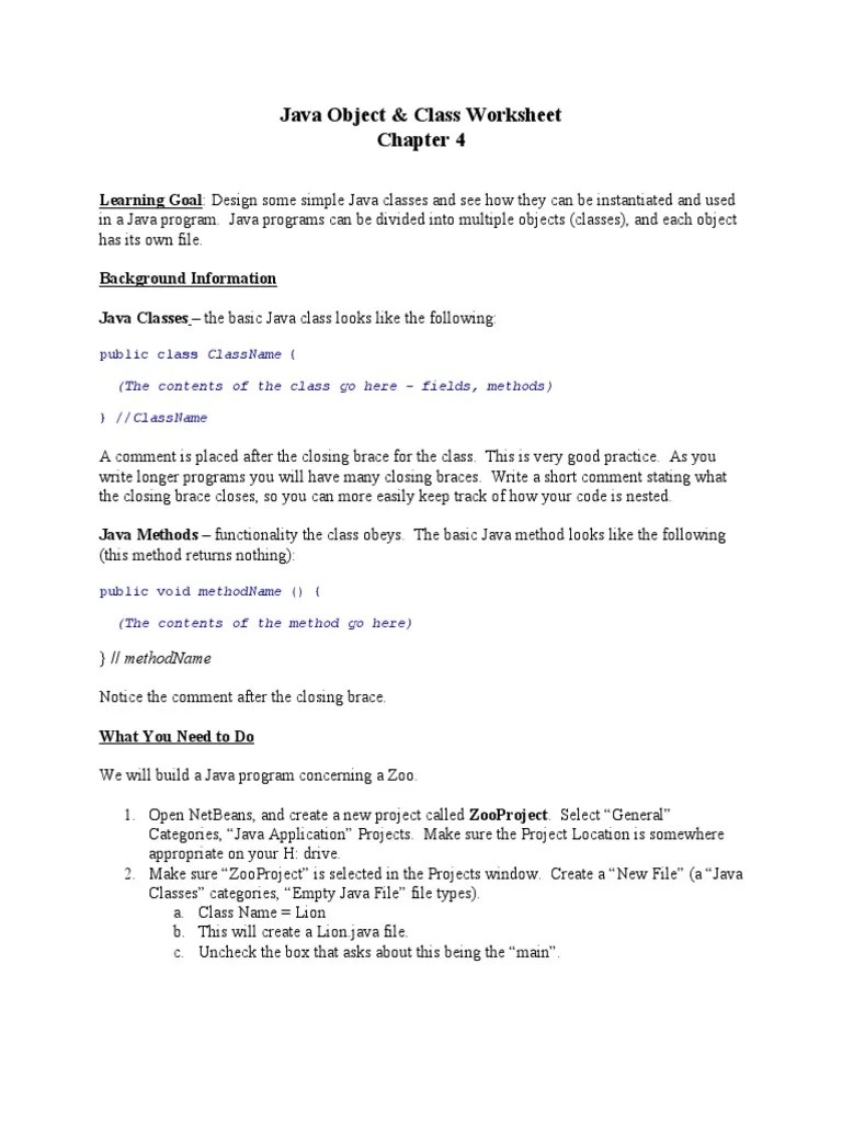Java Class Worksheet Java (Programming Language) Object Oriented