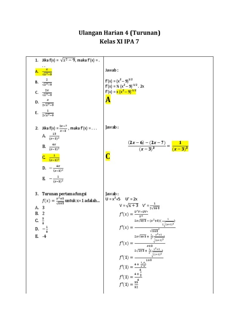 Latihan Matematika Turunan (Soal Dan Pembahasan)