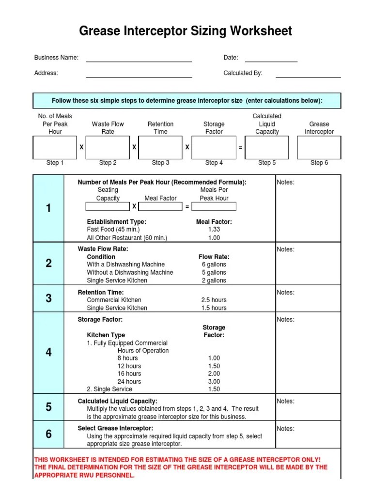 Grease Interceptor Sizing Worksheet PDF Foods Nature
