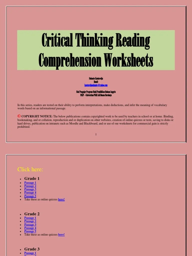 Critical Thinking Reading Comprehension Worksheets Reading