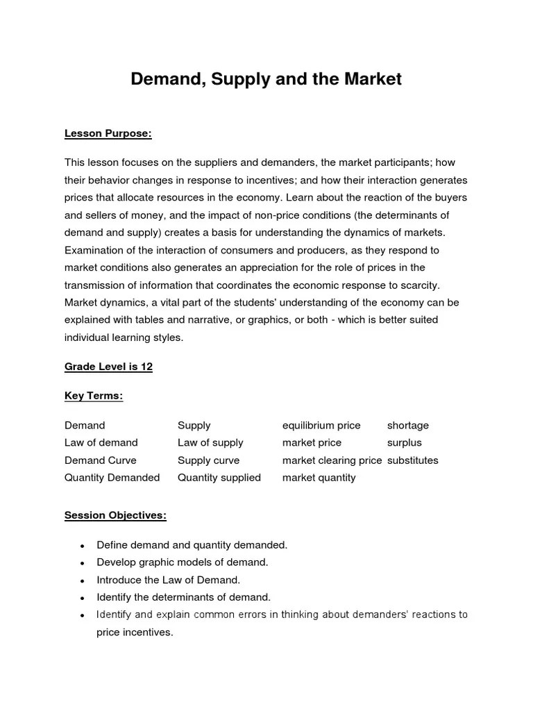 Lesson Plan demand and Supply PDF Supply And Demand Economic Surplus