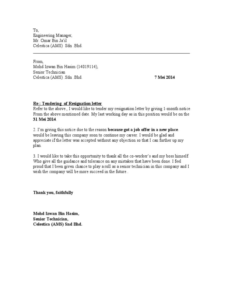Contoh Surat Resign Hotel One Month Notice Bahasa Inggris Dokumen Hanna