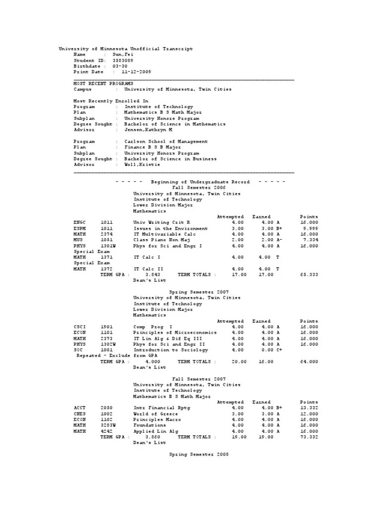 University of Minnesota Unofficial Transcript PDF Teaching