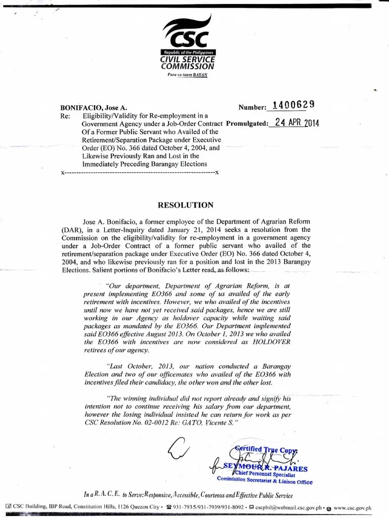 CSC Resolution 1400629 Civil Service Federal Government Of The