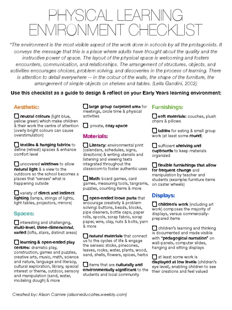 physical learning environment checklist Furniture Learning
