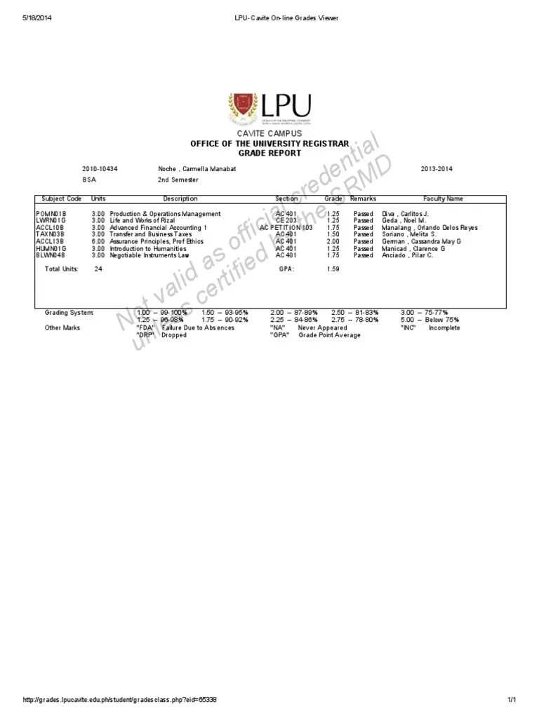 LPUCavite online Grades Viewer Student Assessment And Evaluation