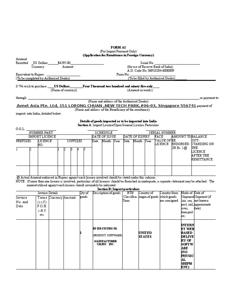 FORM A1 (for Import Payment Only) (Application for Remittance In