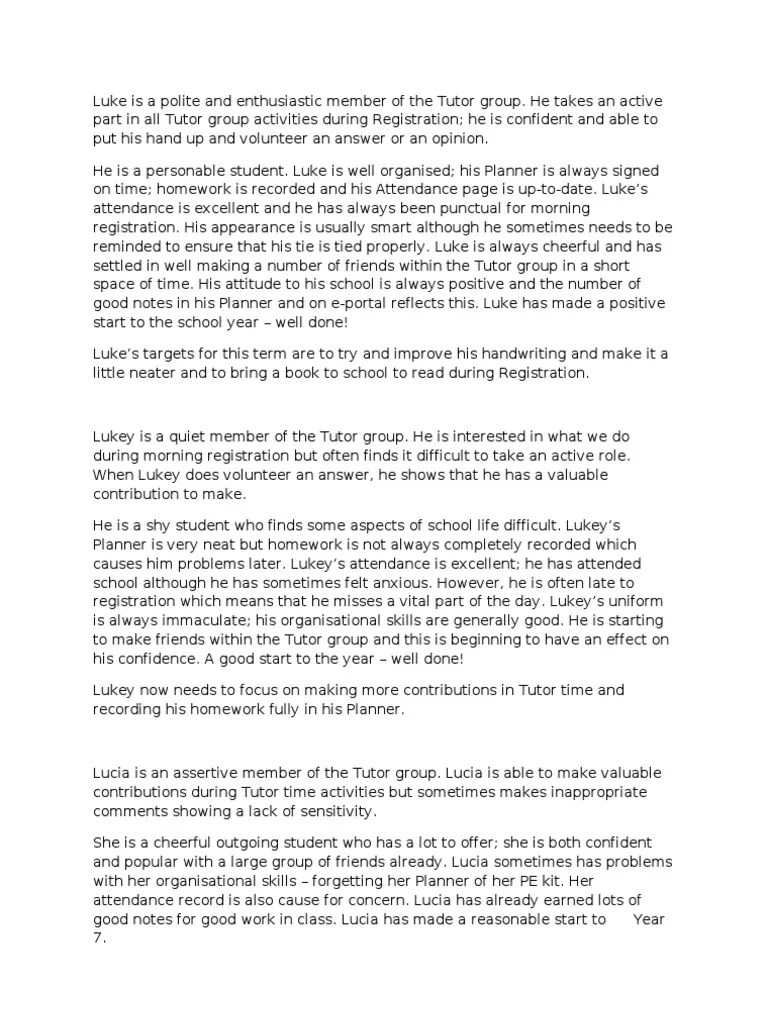 Exemplar Tutor Reports Tutor Psychology & Cognitive Science