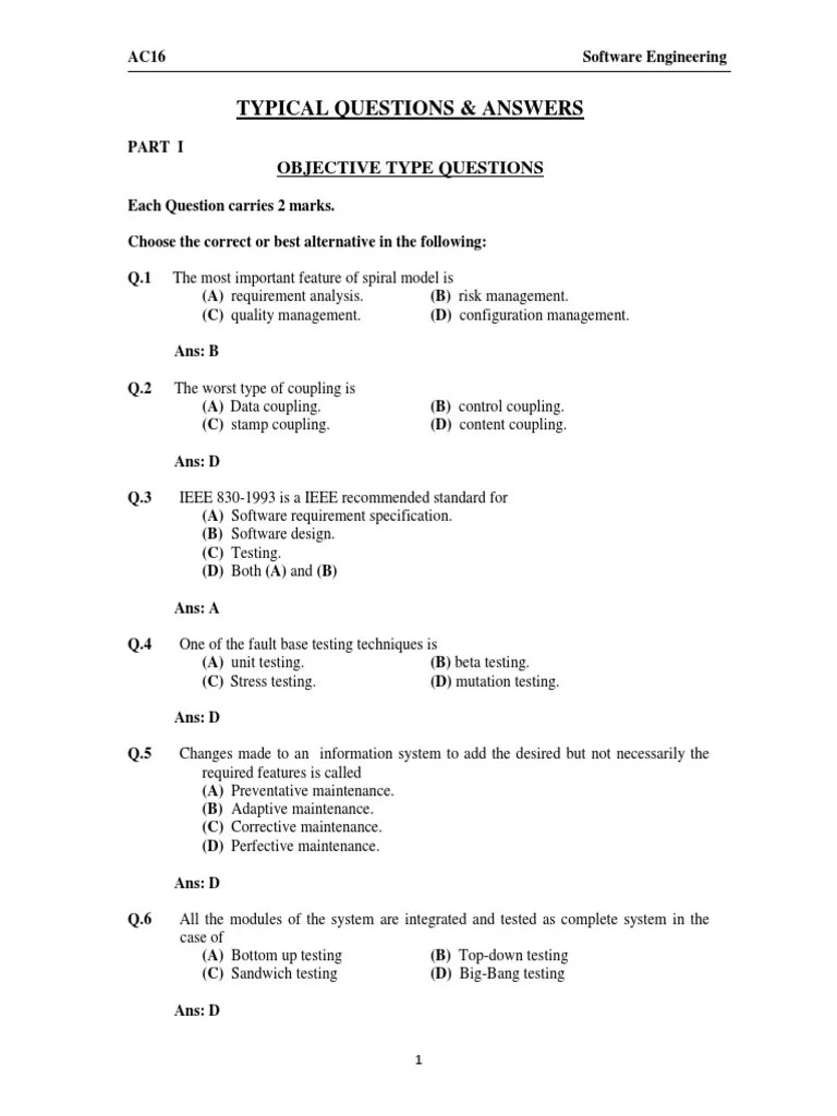 Software Engineering MCQ Test Software Prototyping Class