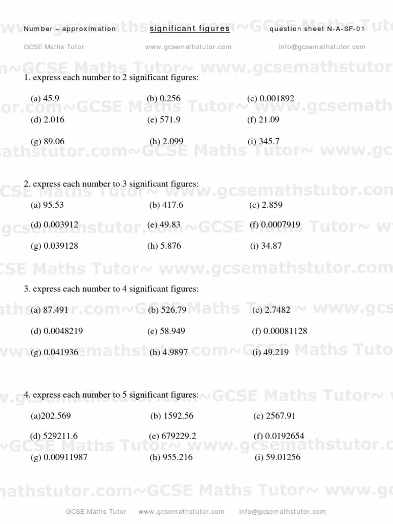 Significant Figures Worksheet 01, Approximation From GCSE Maths Tutor PDF Worksheet